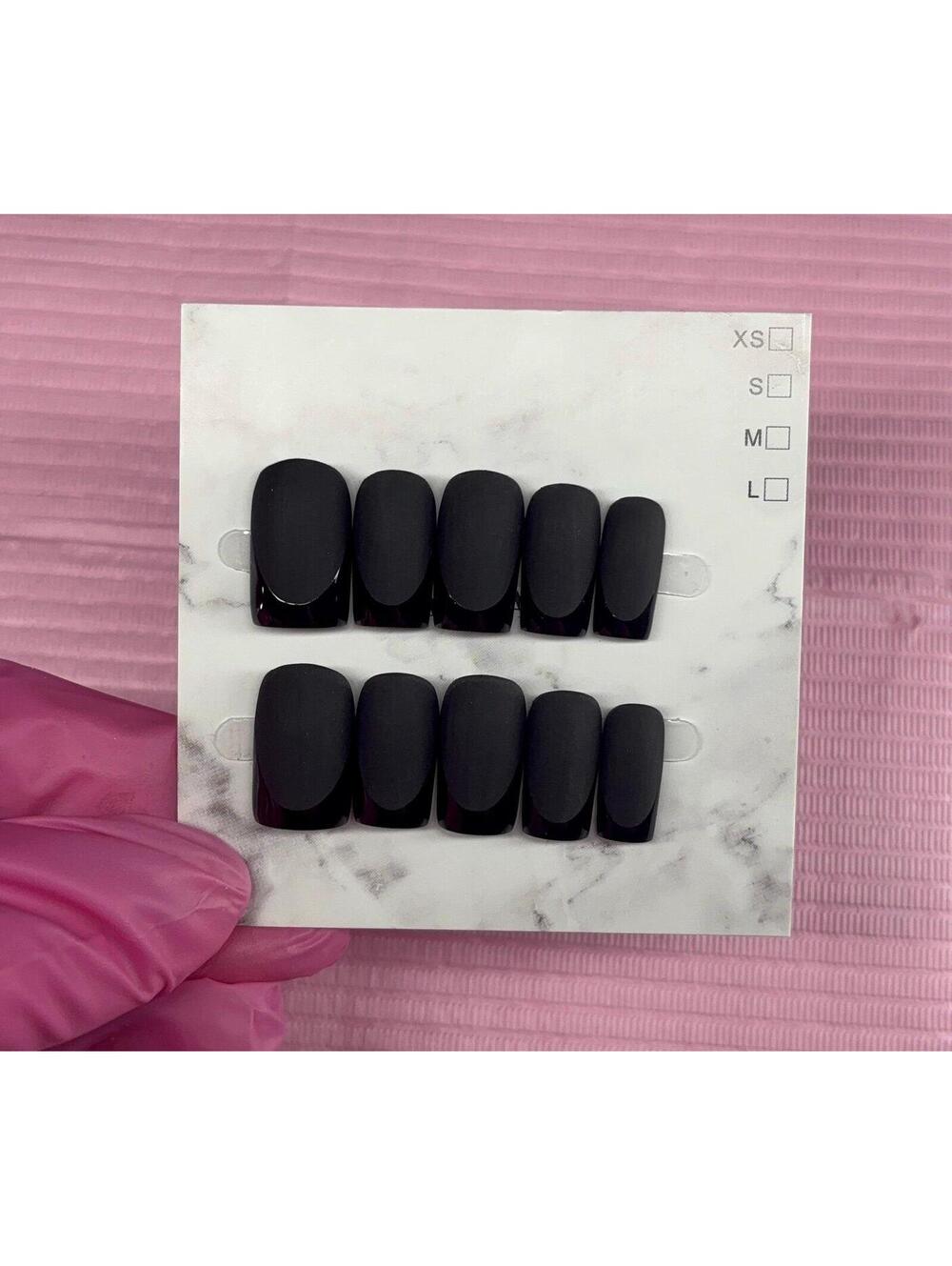 Short square press on nails black French tips matte shiny